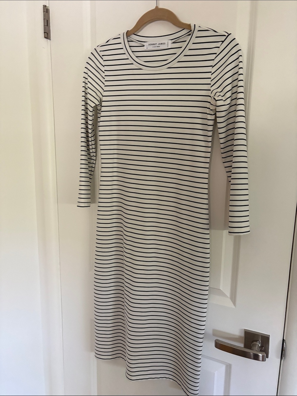 Striped Black and Cream Long-Sleeve Midi Dress by SONNET JAMES